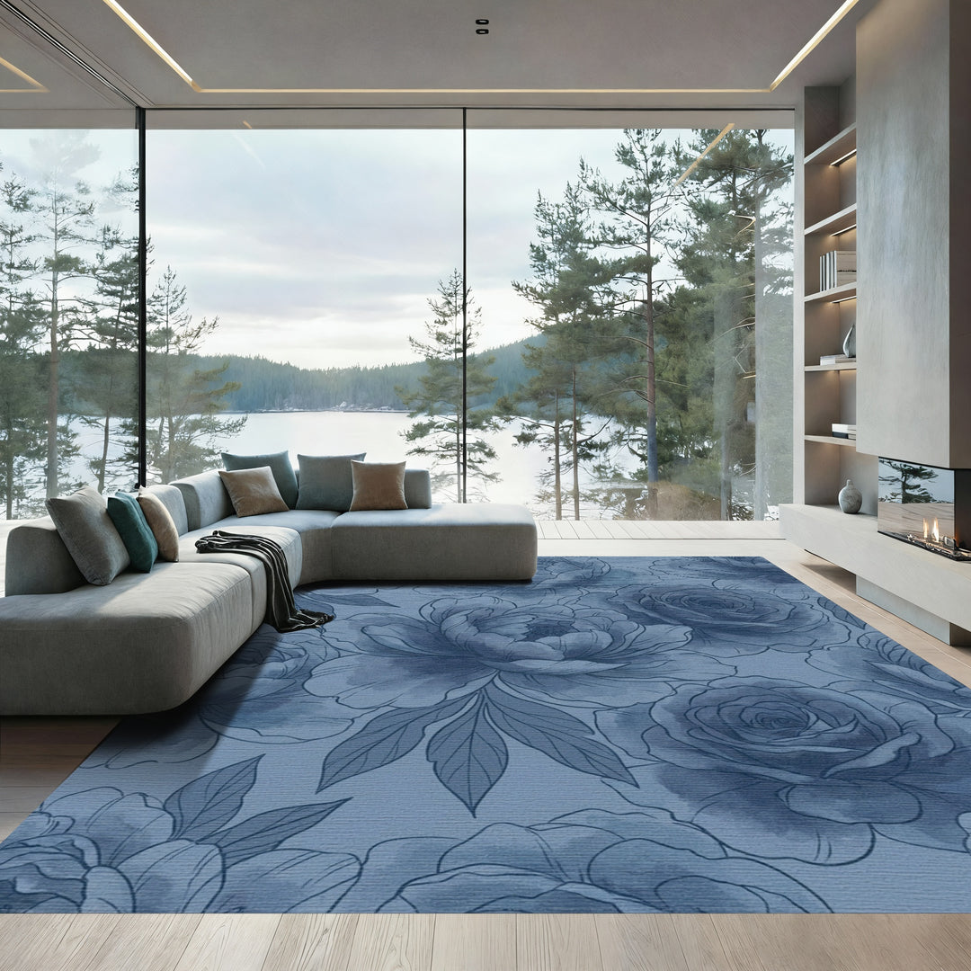 Monochromatic Blue Floral Garden Rug