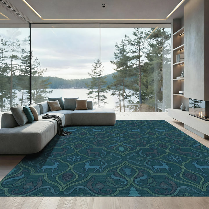 Deep Teal Reindeer Winterscape Damask Rug