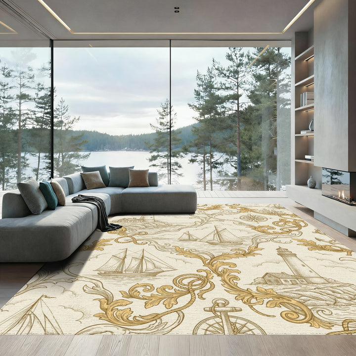 Nautical Sailboat Lighthouse Compass Scroll Rug