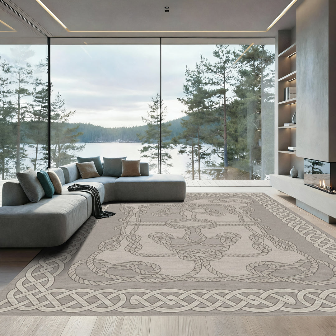 Nautical Rope Knot Tan Border Rug
