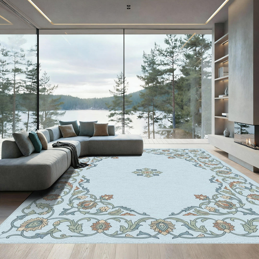 Light Blue Floral Garden Medallion Rug