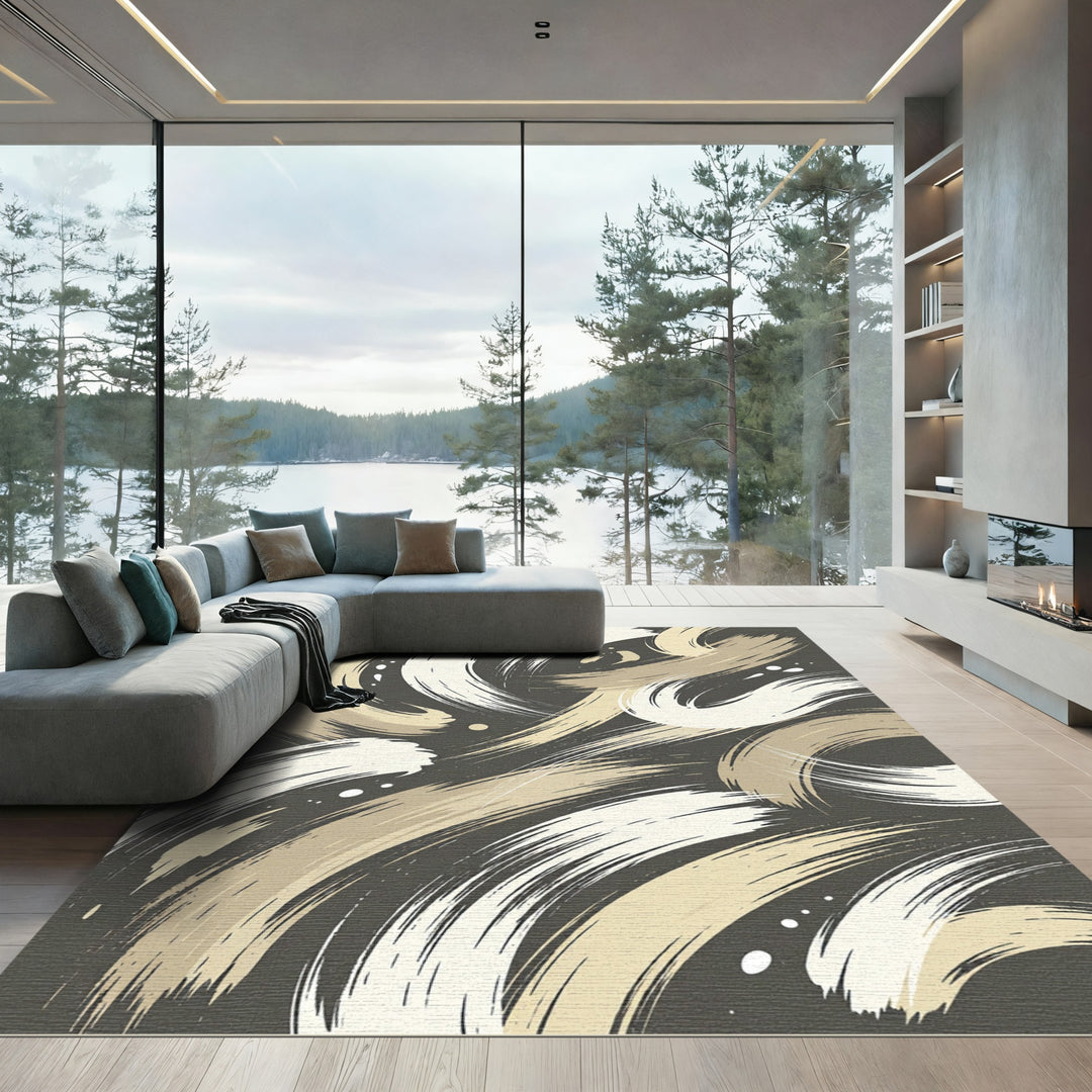 Abstract Brushstroke Gold White Rug