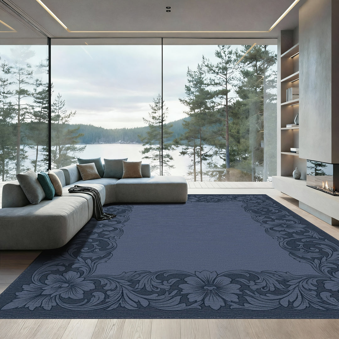 Deep Blue Floral Scroll Border Rug