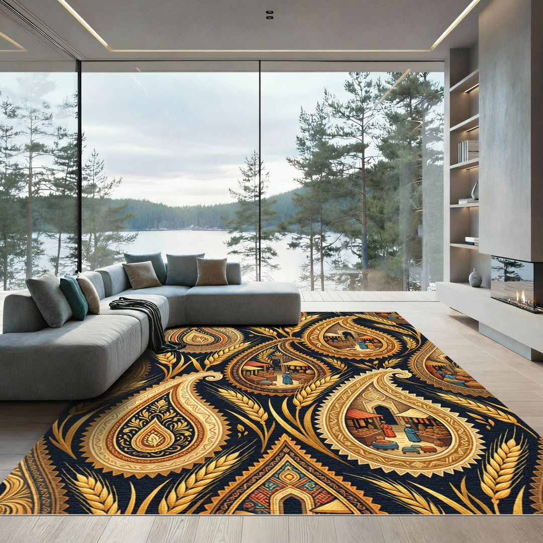 Golden Paisley Market Scene Rug