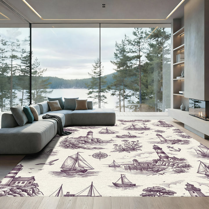 Nautical Coastal Lighthouse Sailboat Scene Rug