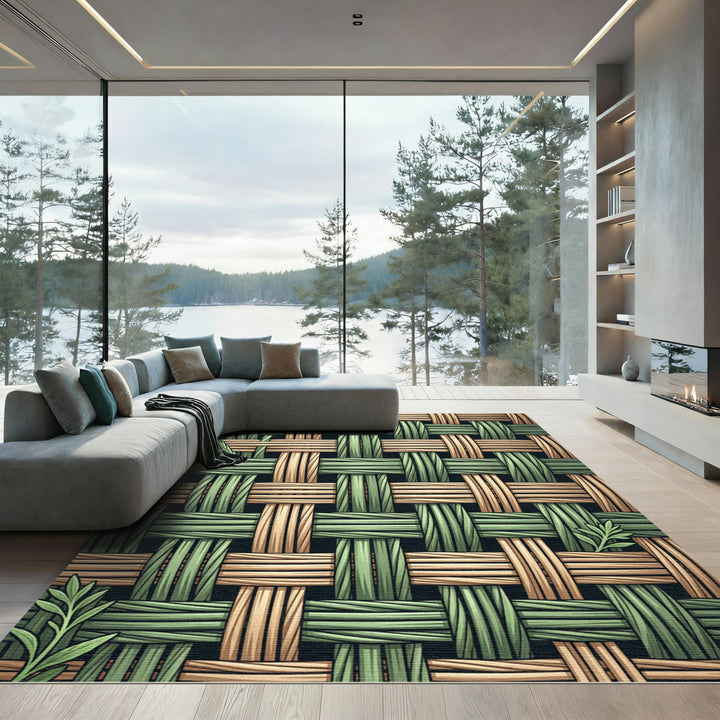 Woven Green Gold Fibers Texture Rug