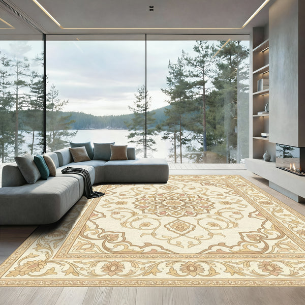 Cream Beige Floral Medallion Border Rug