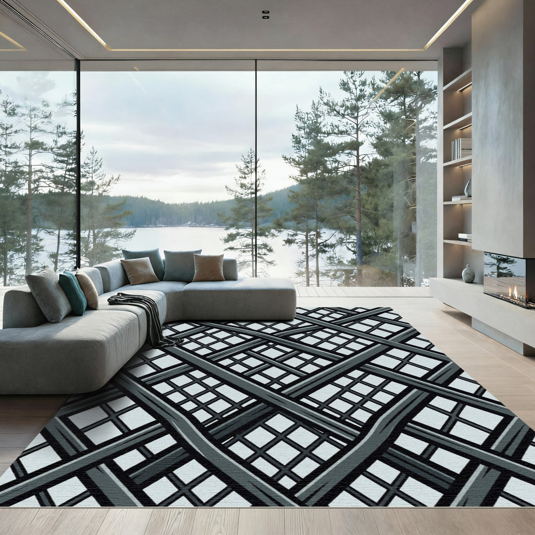 Modern Gray Interlocking Geometric Mesh Rug