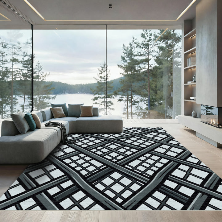 Modern Gray Interlocking Geometric Mesh Rug