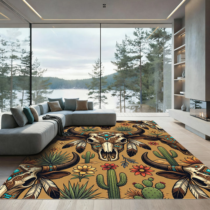 Boho Desert Skull Cactus Floral Rug