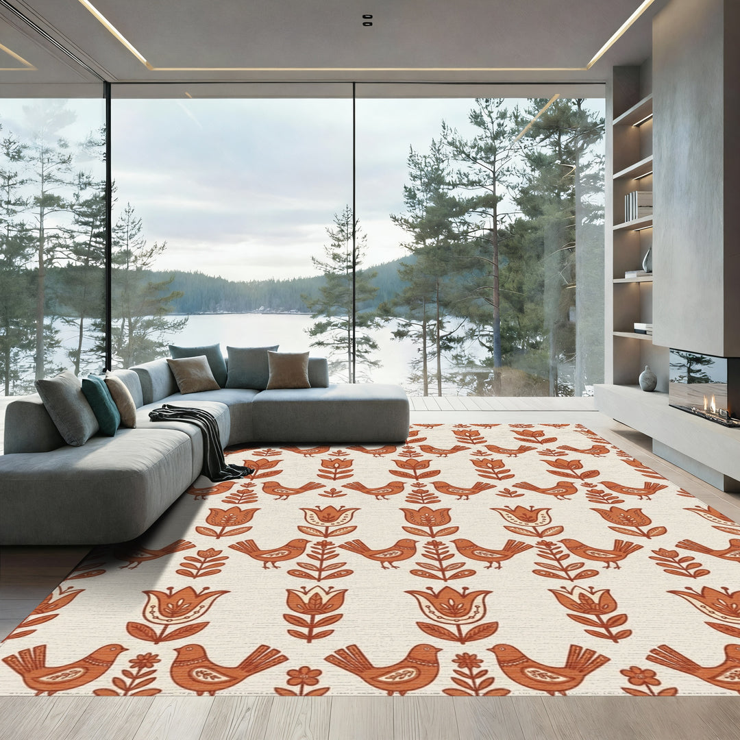 Terracotta Folk Bird Tulip Repeat Rug