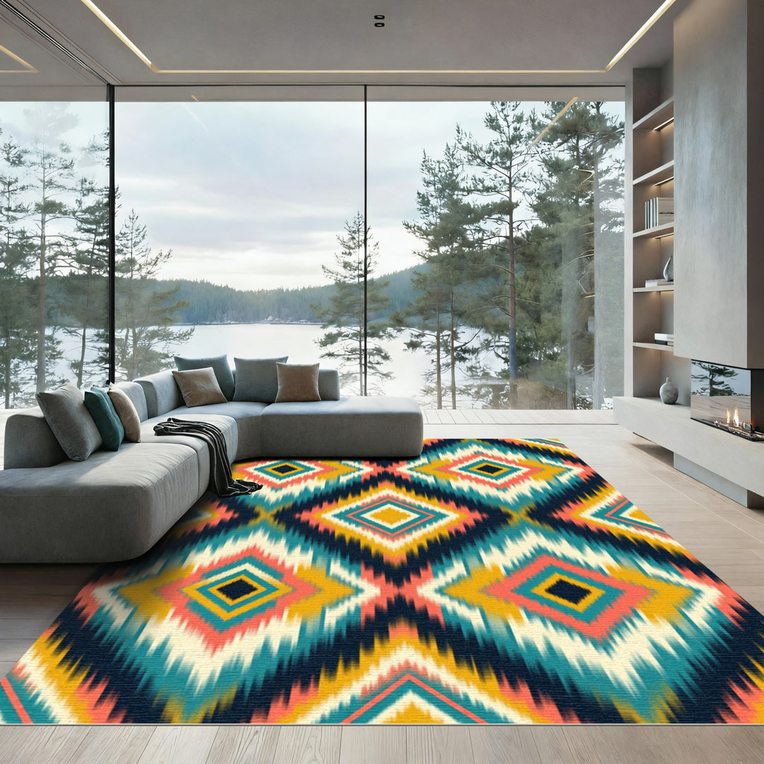 Vibrant Geometric Diamond Ikat Rug