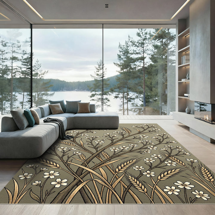Earthy Wheat Flowers Botanical Composition Rug