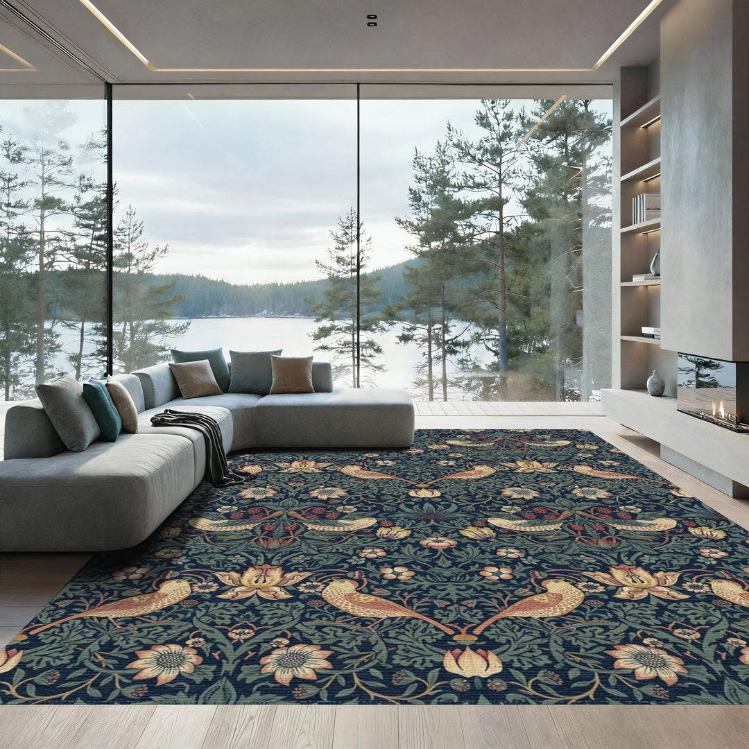 Indigo Birds and Strawberry Vines Rug