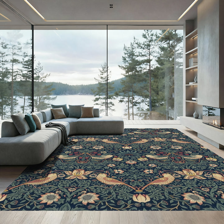 Indigo Birds and Strawberry Vines Rug