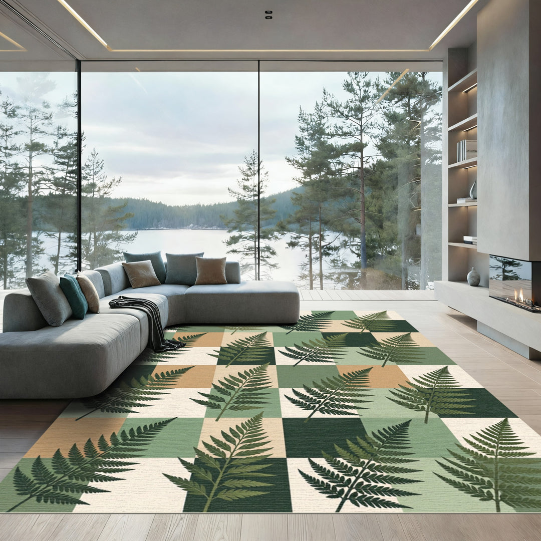 Fern Leaf Checkerboard Botanical Rug