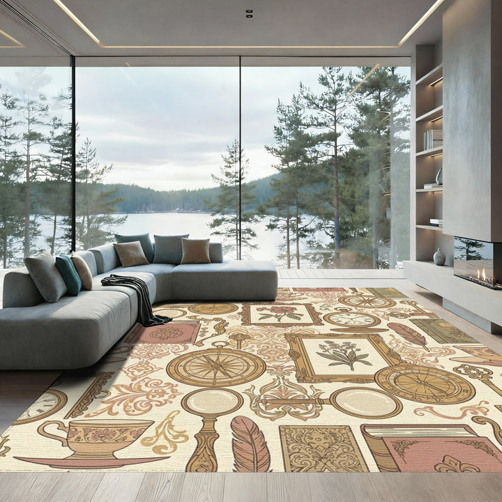 Vintage Botanical Tea Cup Compass Art Rug