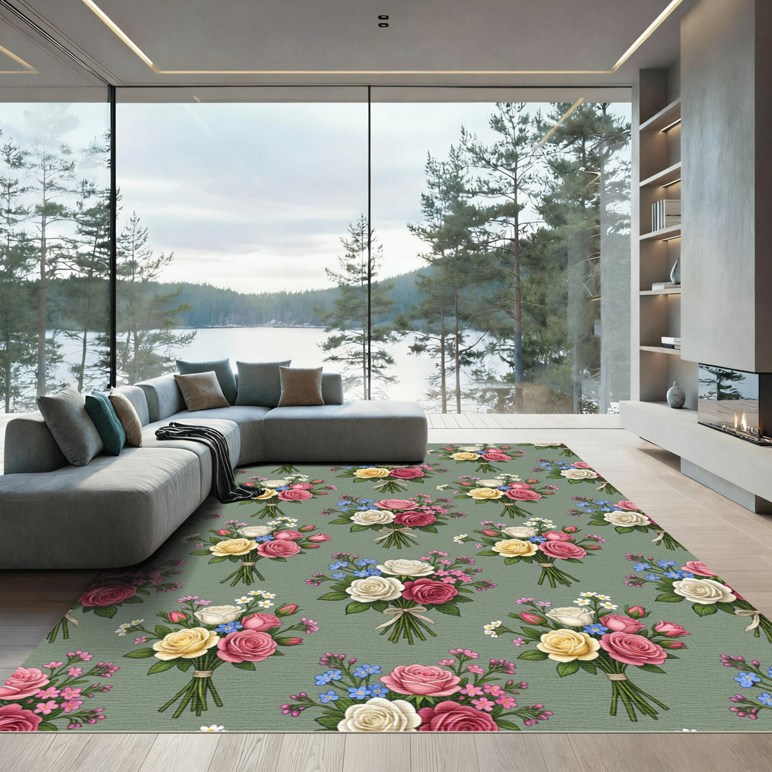 Pink Yellow White Rose Bouquet Arrangement Rug
