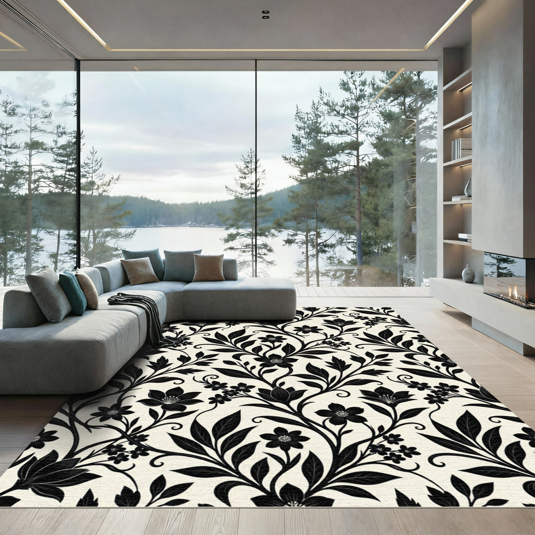 Black Floral Vine Flourish Rug