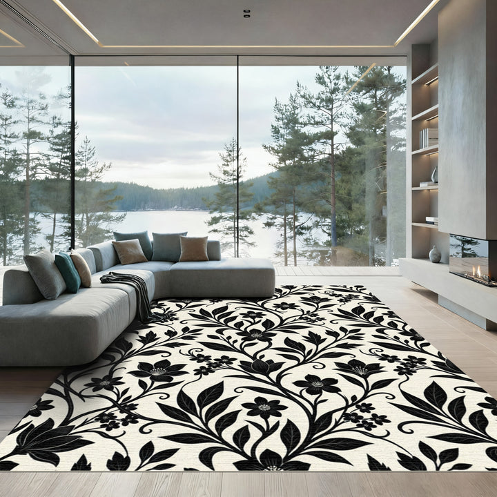 Black Floral Vine Flourish Rug