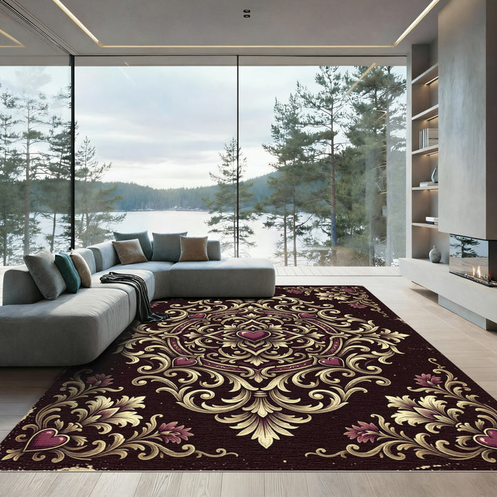 Ornate Burgundy Heart Damask Rug