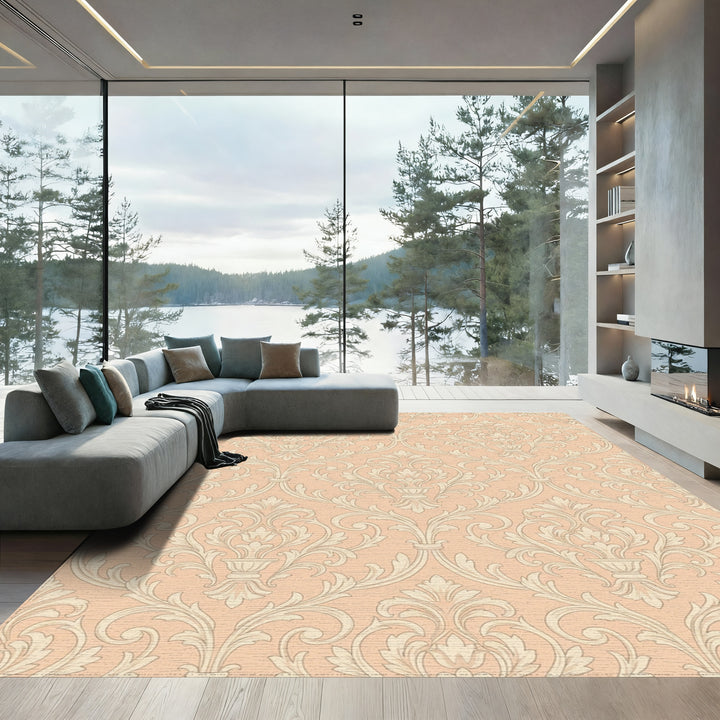 Pale Peach Damask Scrollwork Rug