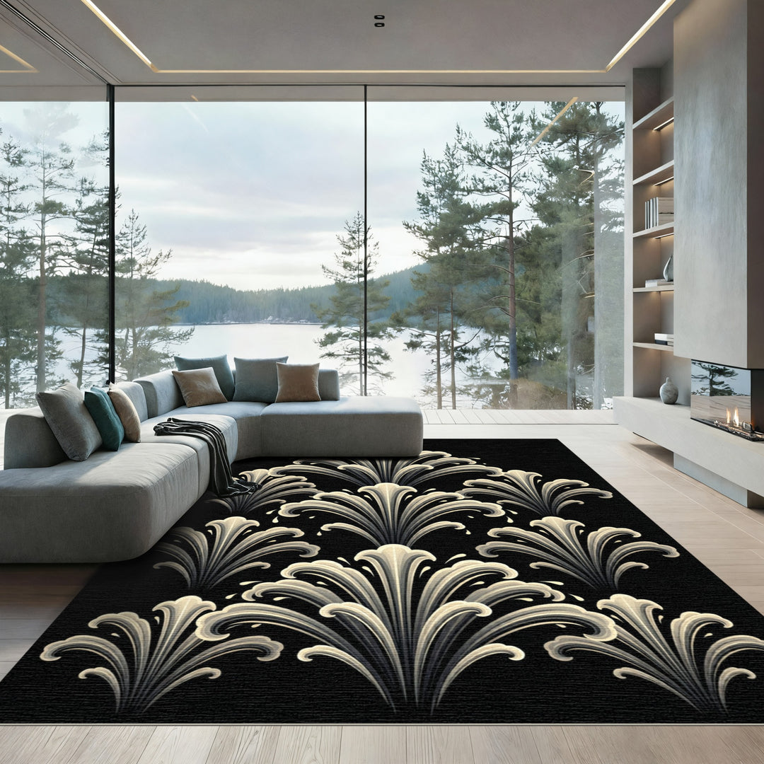 Art Deco Fountain Black Beige Rug