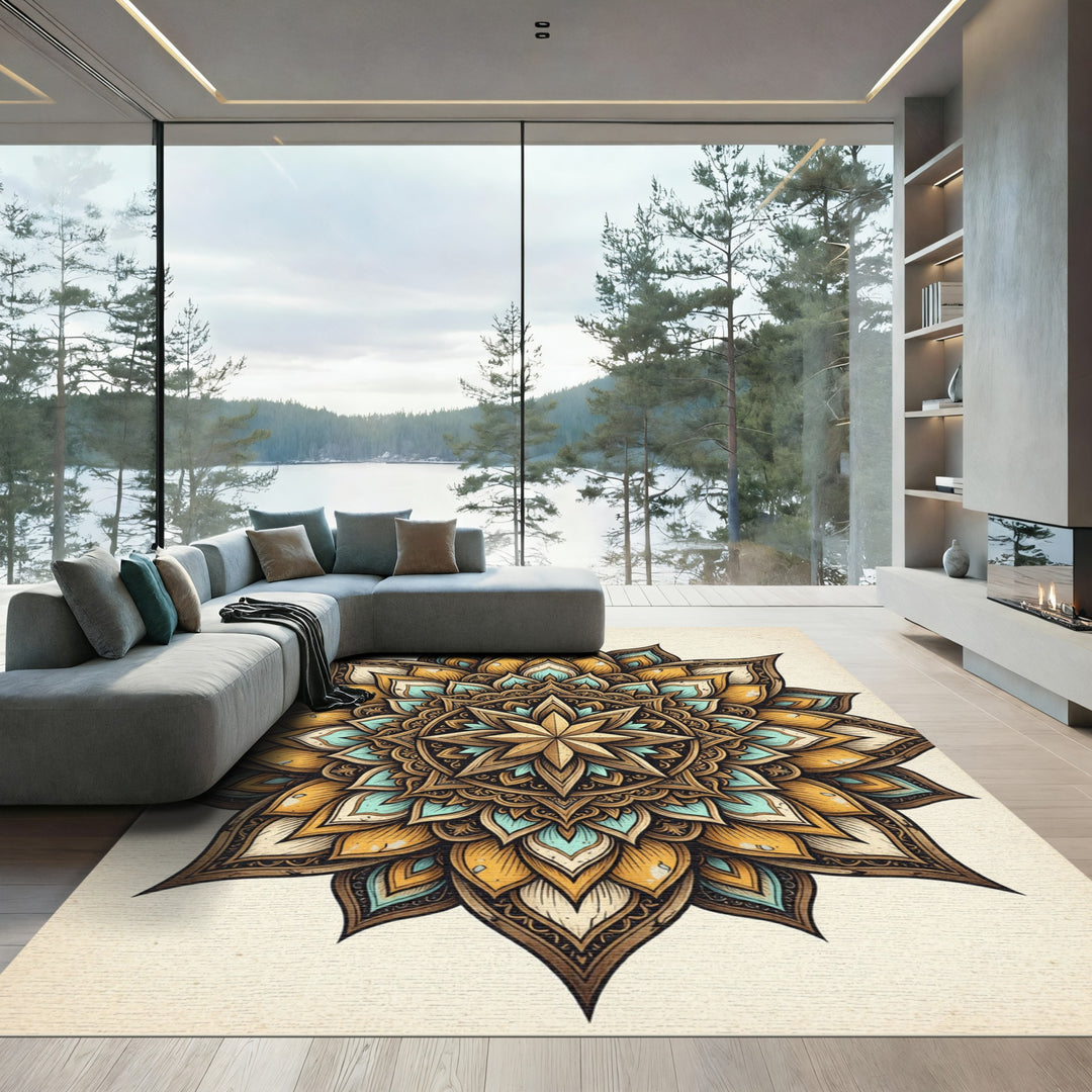 Ornate Golden Teal Mandala Rug