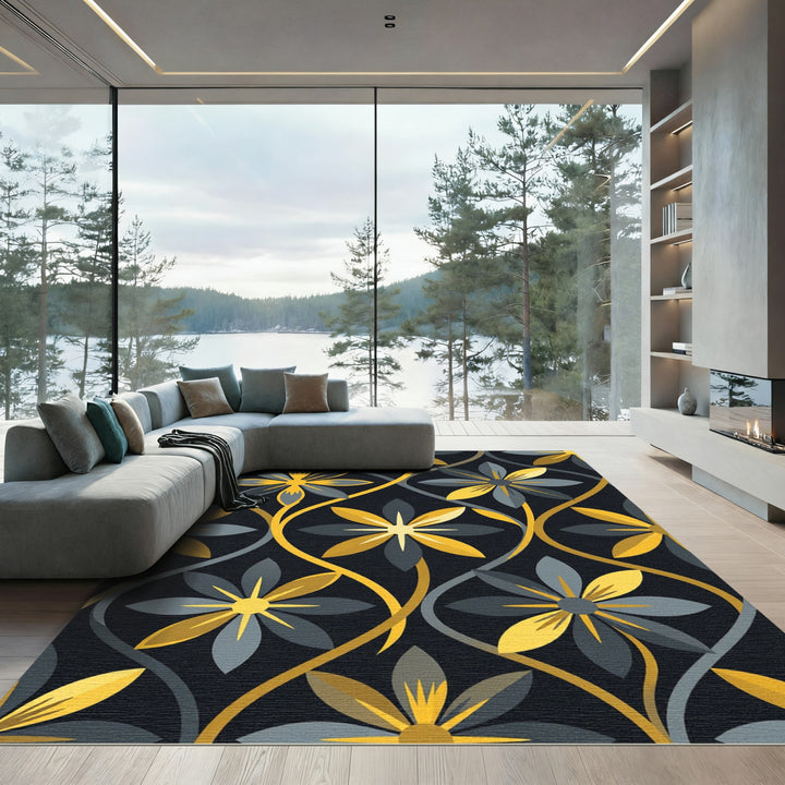 Golden Yellow Gray Floral Art Rug