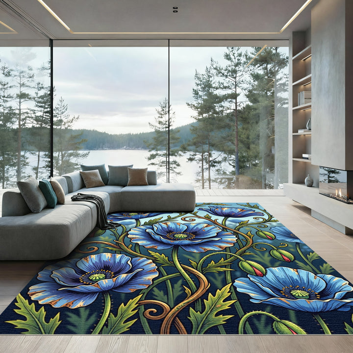 Vibrant Blue Poppy Floral Swirls Rug