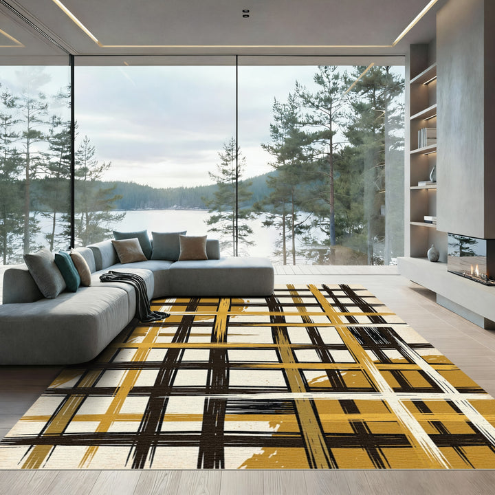 Amber Ochre Brushstroke Plaid Rug
