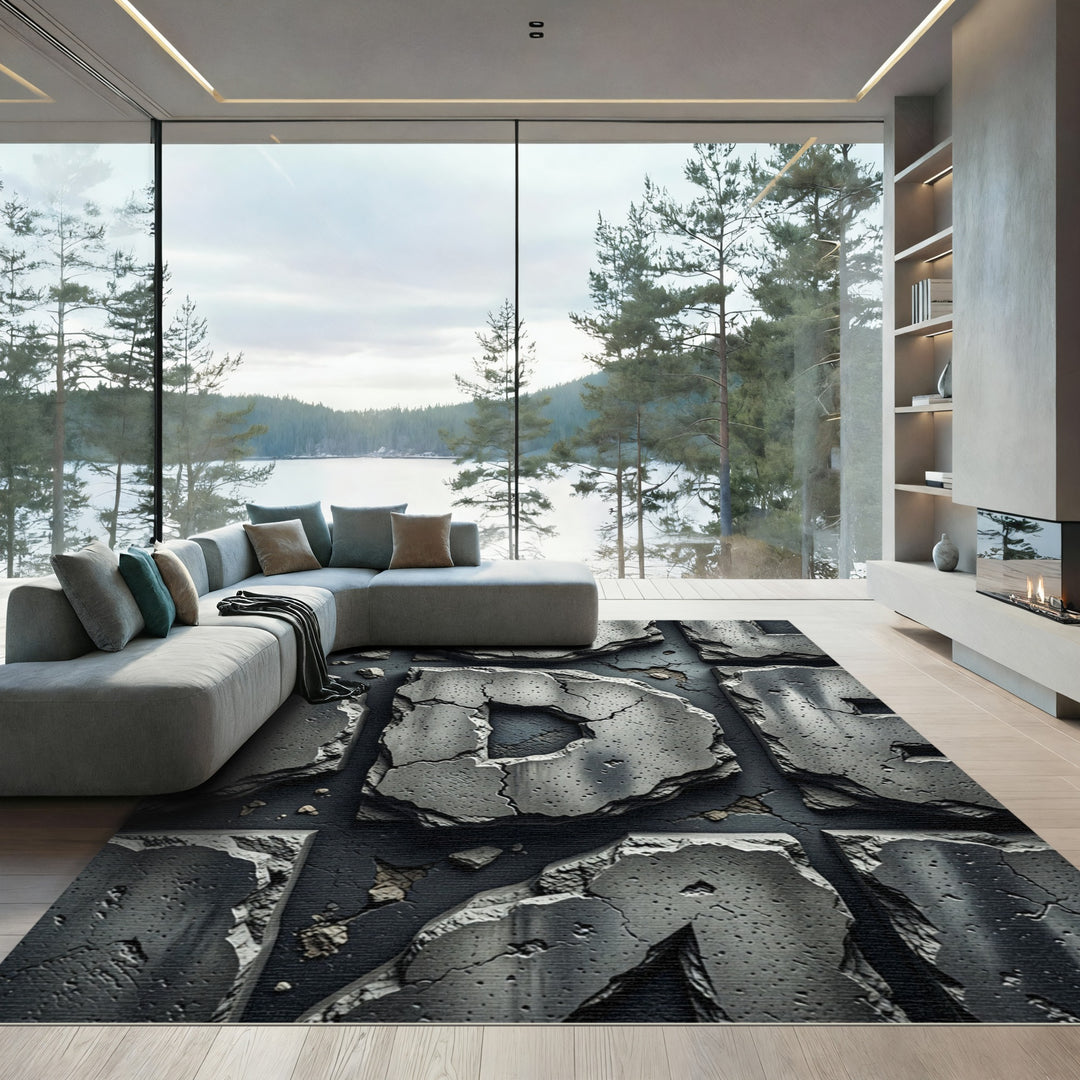Cracked Concrete Abstract Geometric Rug