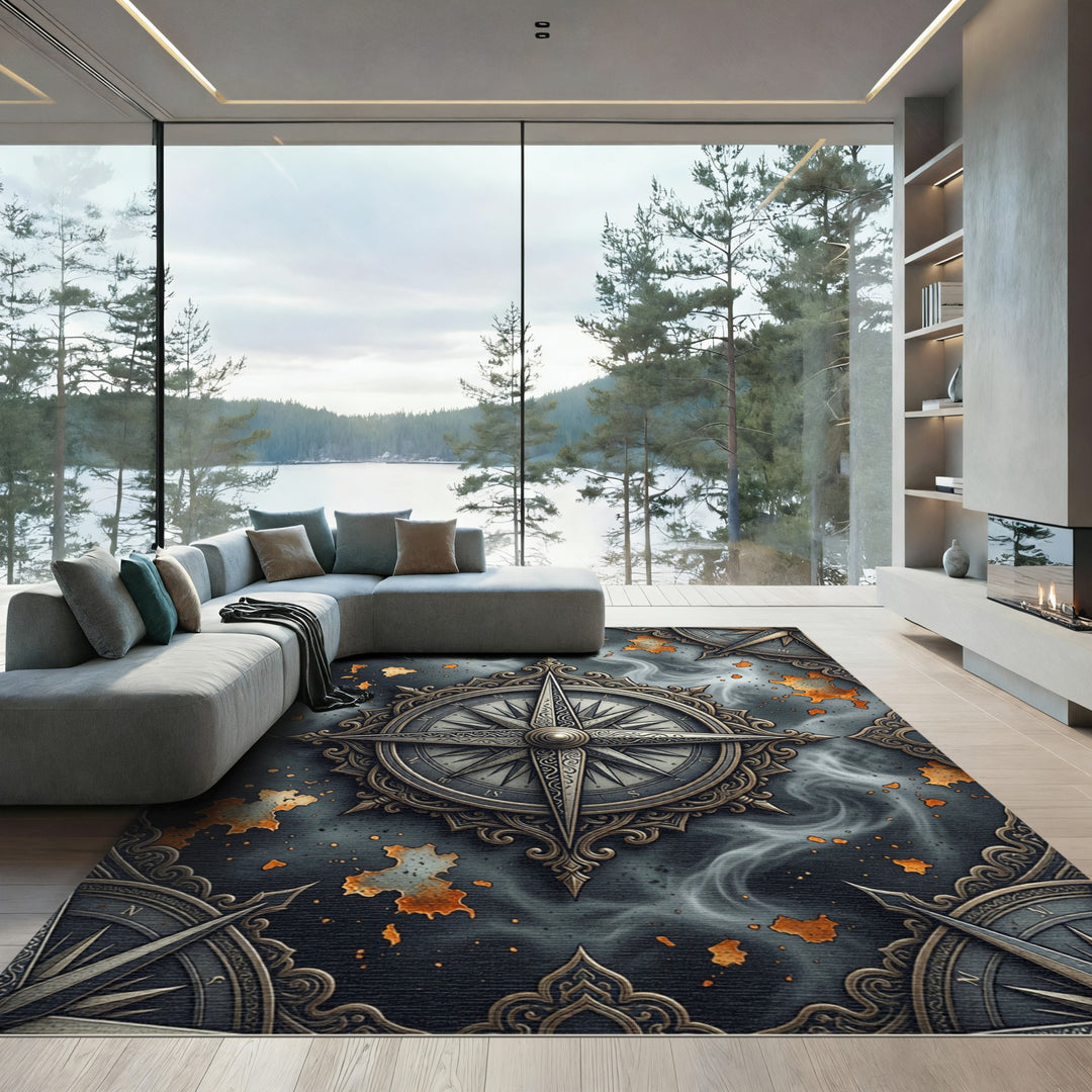 Vintage Compass Black Gold Rug