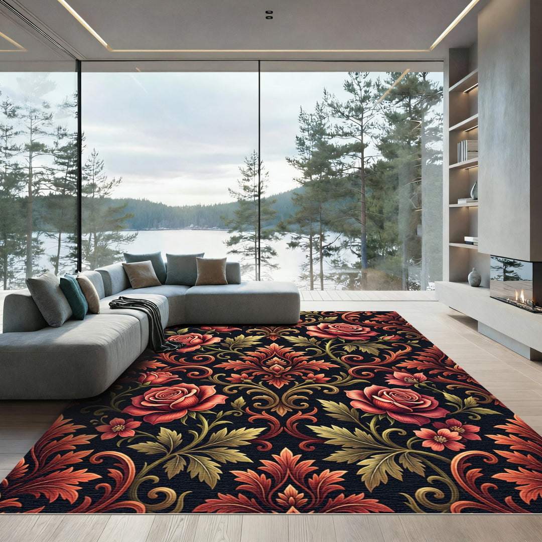 Antique Red Rose Baroque Floral Rug