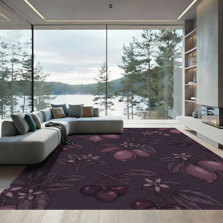 Dark Plum Cherry Lemon Botanical Illustration Rug