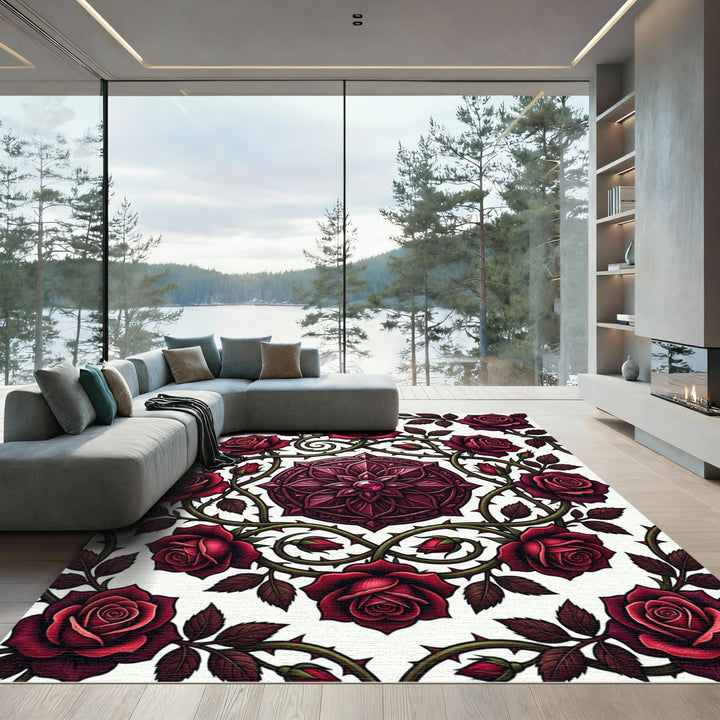 Dramatic Red Rose Vine Mandala Rug