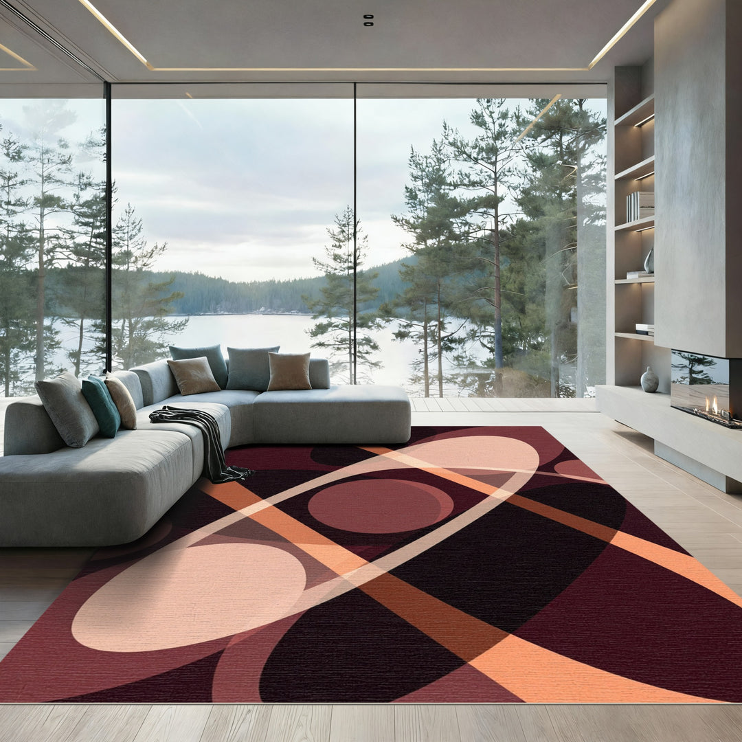 Deep Red Oval Stripe Composition Rug