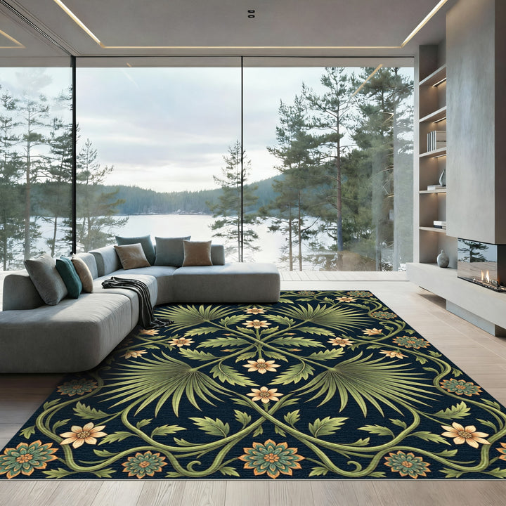 Dark Green Golden Floral Vine Rug