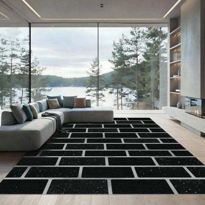 Modern Black Brick Effect Rug