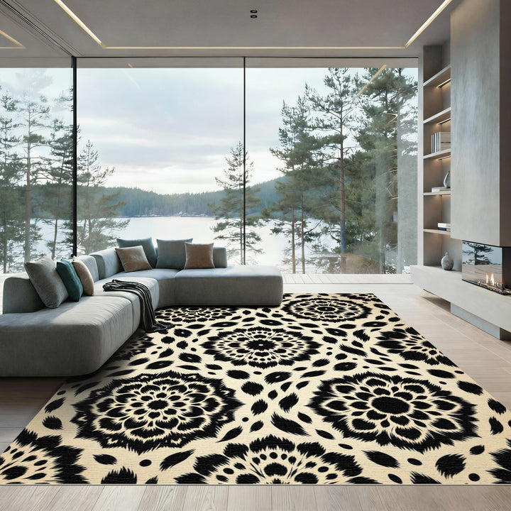 Black Floral Dahlia Mandala Rug