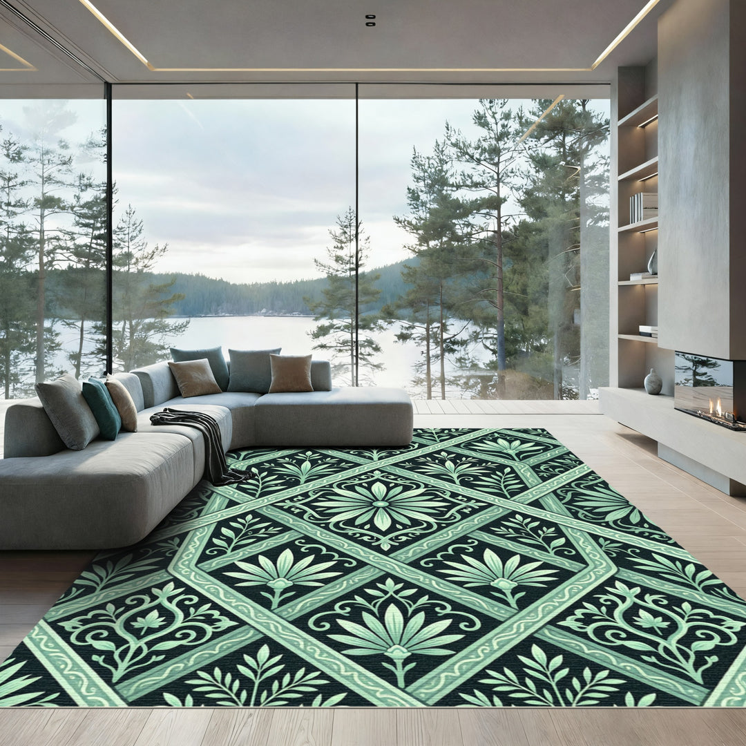 Mint Green Floral Lattice Art Nouveau Rug