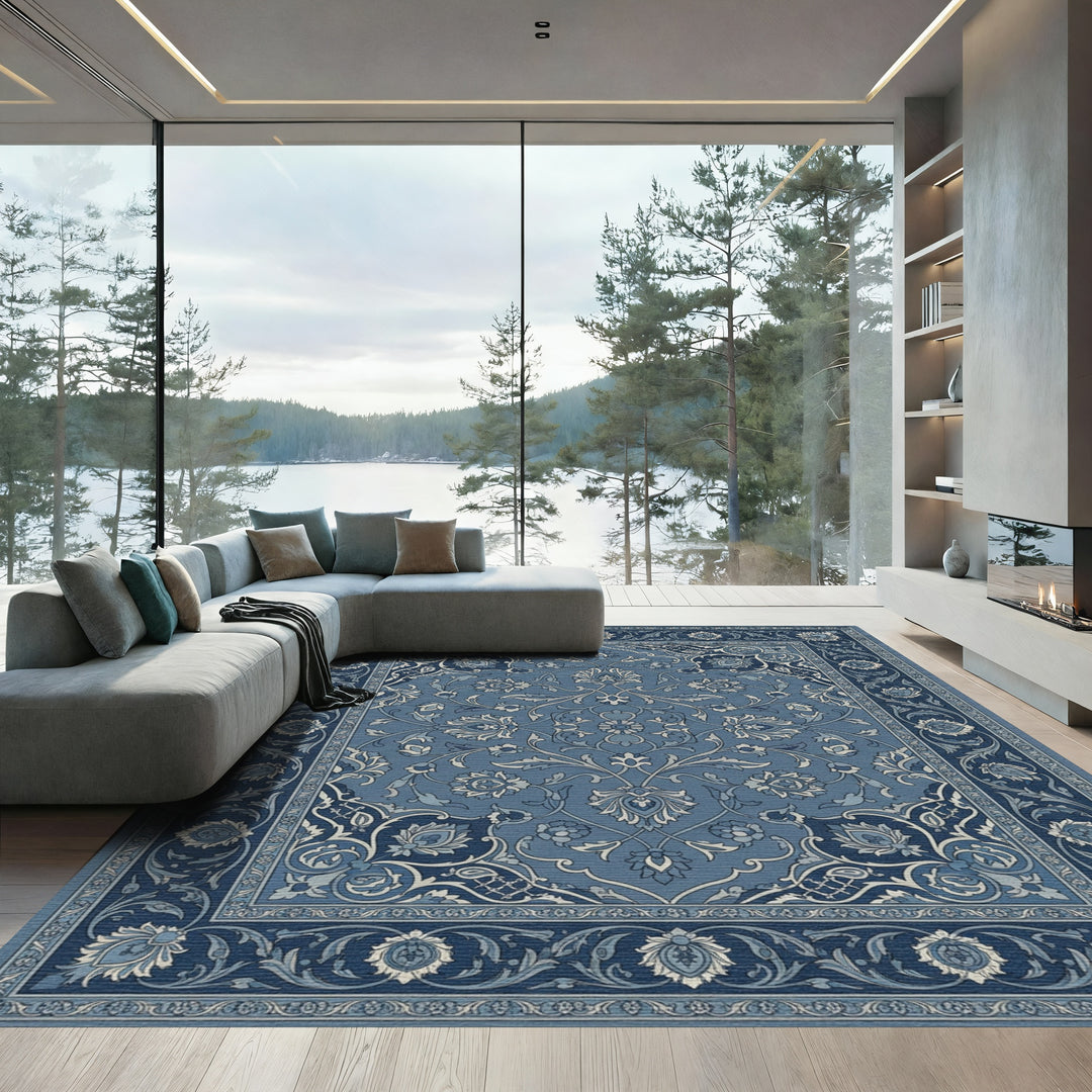 Deep Blue Intricate Floral Border Rug