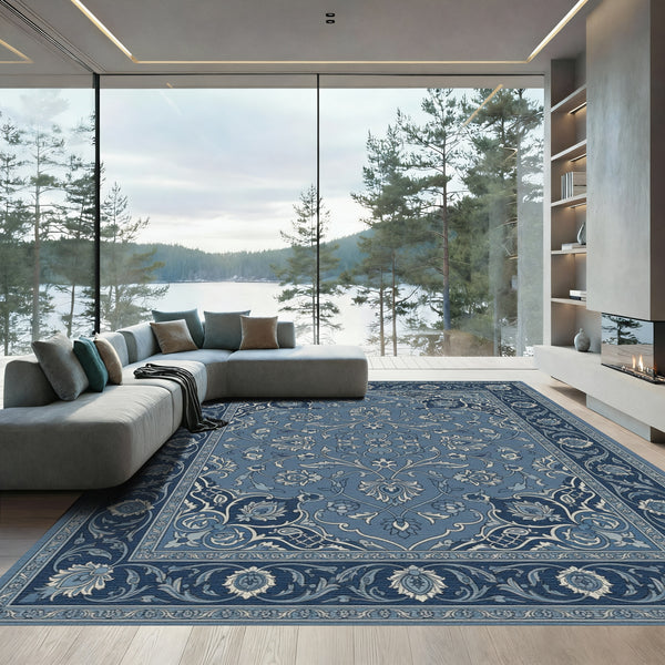 Deep Blue Intricate Floral Border Rug