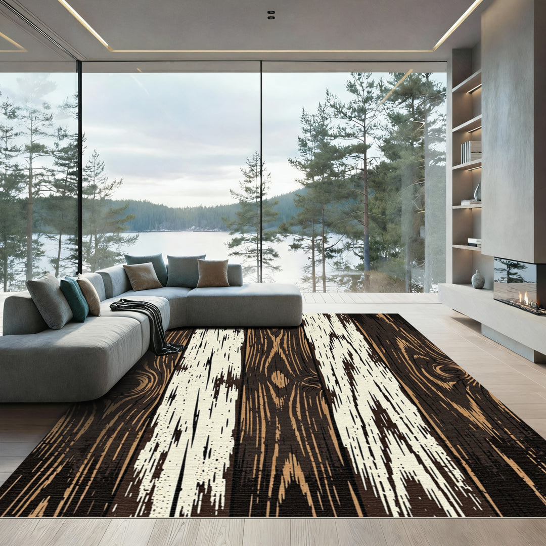 Distressed Dark Wood Grain Stripes Rug