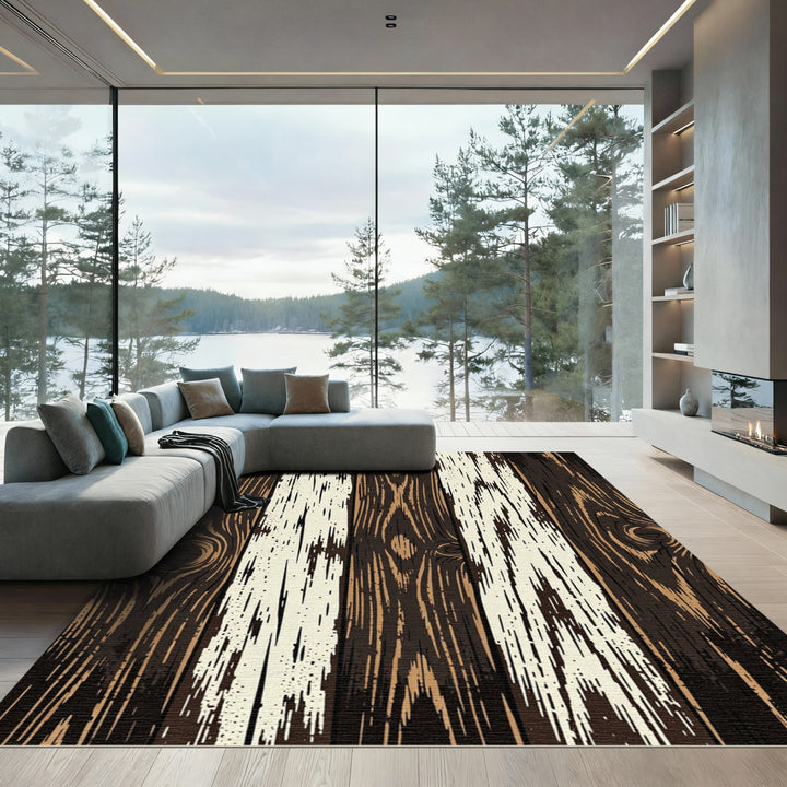 Distressed Dark Wood Grain Stripes Rug