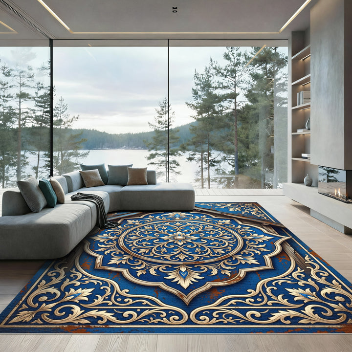 Ornate Royal Blue Floral Medallion Rug