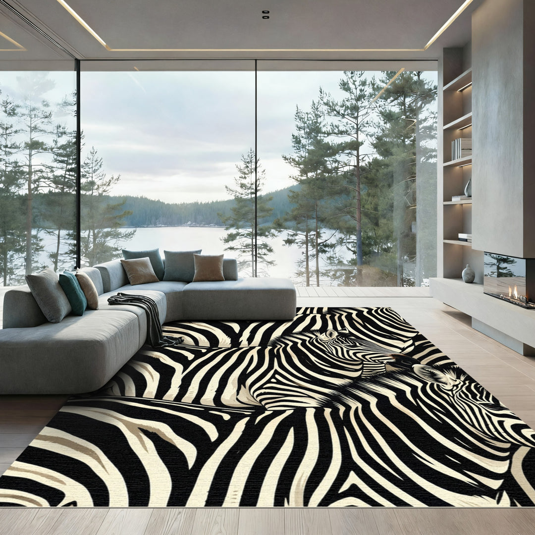 Bold Black White Zebra Herd Rug