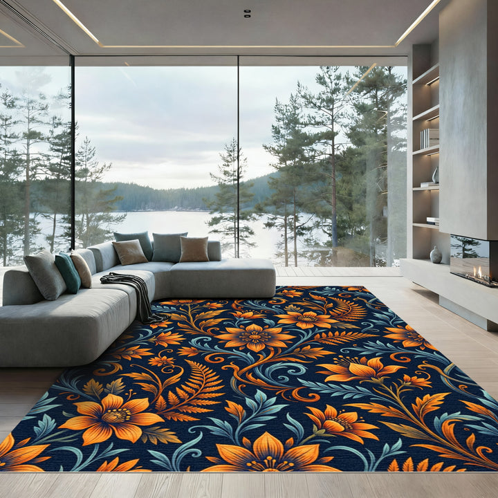 Ornate Orange Floral Swirls Rug