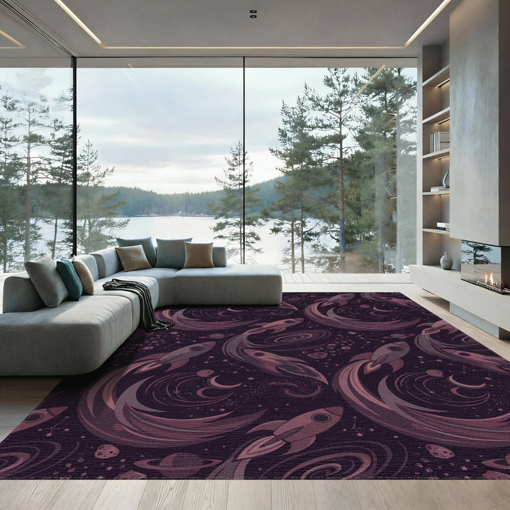 Cosmic Rocket Voyage With Stars Rug
