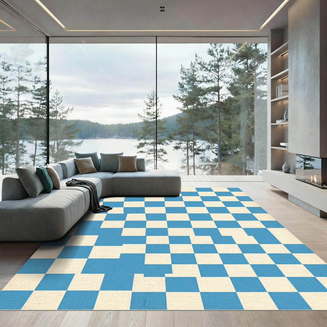 Blue Cream Checkerboard Abstract Squares Rug